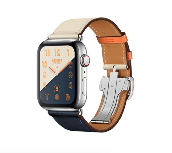 Кожаный ремешок HM Style с классической пряжкой для Apple Watch (синий/белый с лого)