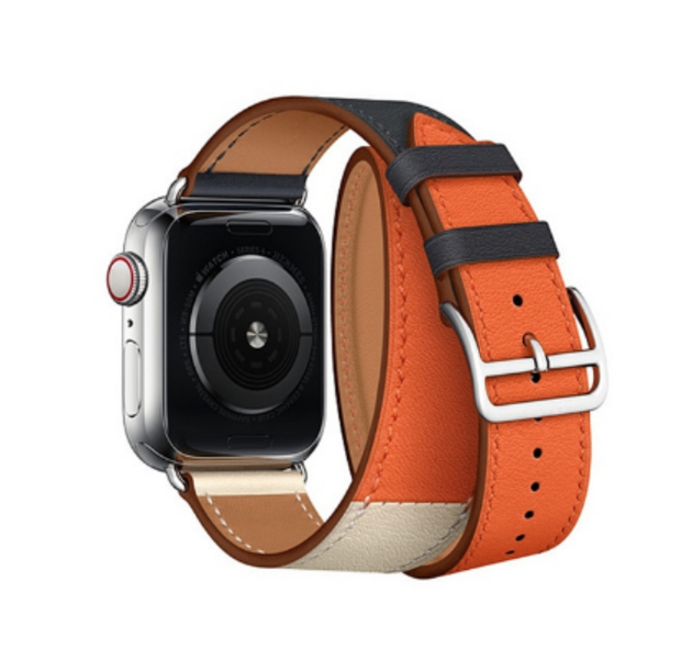 Кожаный ремешок HM Style Double Tour для Apple Watch (синий/оранжевый/белый с лого)