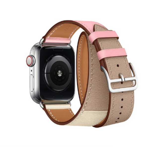 Кожаный ремешок HM Style Double Tour для Apple Watch (розовый/сакура/кремовый с лого)