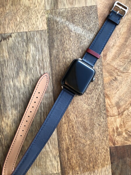 Кожаный ремешок HM Style Double Tour для Apple Watch (синий/красный с лого)