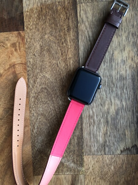 Кожаный ремешок HM Style Double Tour для Apple Watch (шоколадный/розовый с лого)