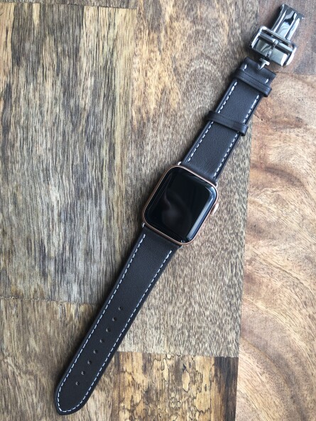 Кожаный ремешок HM Style с классической складной пряжкой для Apple Watch (Ébène Barenia с лого)