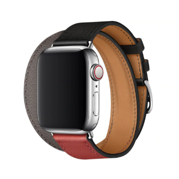 Кожаный ремешок HM Style Double Tour для Apple Watch (черный/оловяный/кирпичный с лого)