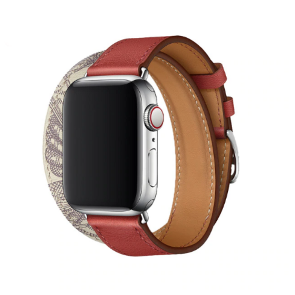 Кожаный ремешок HM Style Double Tour для Apple Watch (красный/белый в узорах с лого)