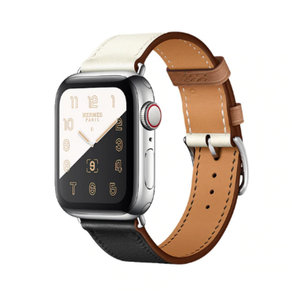 Кожаный ремешок HM Style с классической пряжкой для Apple Watch (черный/белый с лого)