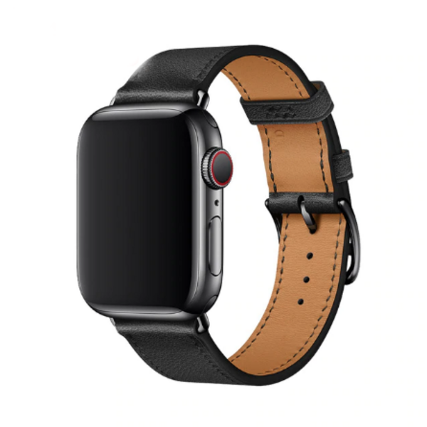Кожаный ремешок HM Style с классической пряжкой для Apple Watch (черный с черной фурнитурой с лого)