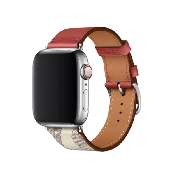 Кожаный ремешок HM Style с классической пряжкой для Apple Watch (красный/белый в узорах с лого)