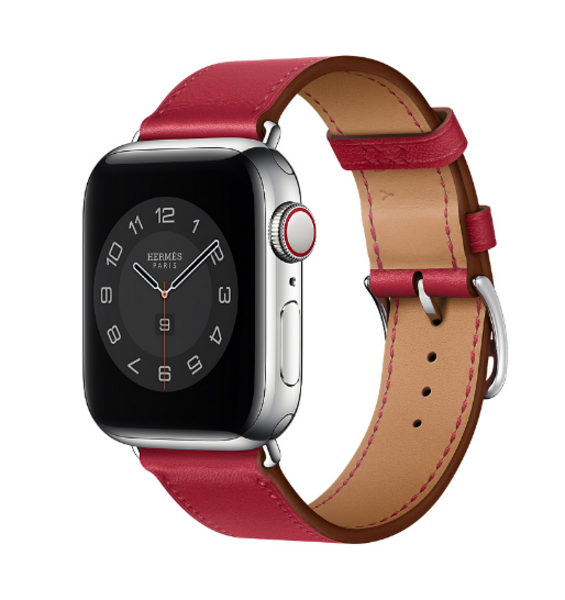 Кожаный ремешок HM Style с классической пряжкой для Apple Watch (малиновый с лого)